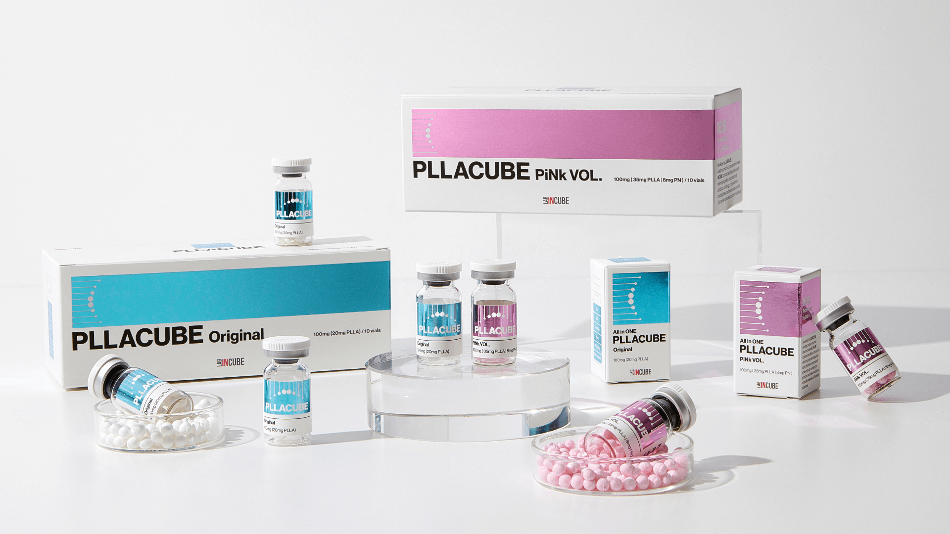 PLLACUBE Original and PiNk VOL full product lineup with boxes and vials, featuring patented INCUBE™ technology for professional-use skinboosters