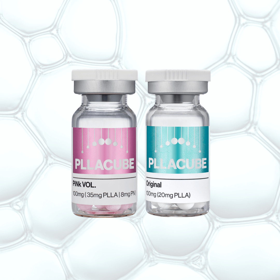 PLLACUBE PiNk VOL and PLLACUBE Original vials side by side, showcasing multi-action skinbooster formulas with patented INCUBe™ technology